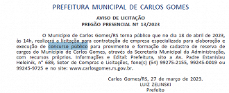 Município de Carlos Gomes-RS terá concurso público em breve - Créditos: Reprodução