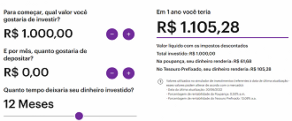 Simulador do Nubank mostra quanto rende R$ 1.000 em valores líquidos com descontos descontados. - Reprodução/NuInvest