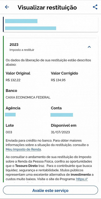 Consulta mostra valor da restituição do IR