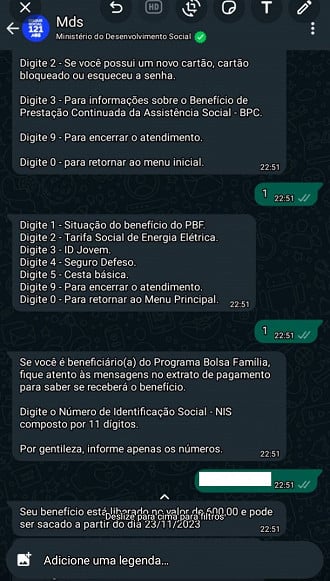 Canal do MDS no Whatsapp mostra Bolsa Família liberado.