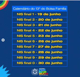 Calendário 13º do Bolsa Família em 2023. Fonte: Divulgação/Governo de Pernambuco