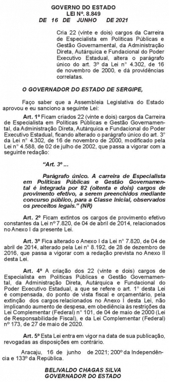 Criação de 22 cargos de EPPGG-SE