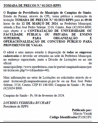 Regime de Previdência do Município de Campina do Simão abrirá concurso público