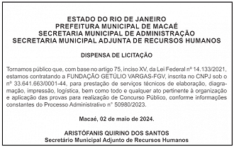 Contratação da FGV como organizadora do concurso Prefeitura de Macaé-RJ