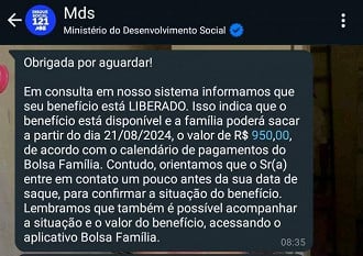 WhatsApp Bolsa Família mostra benefício liberado em agosto.