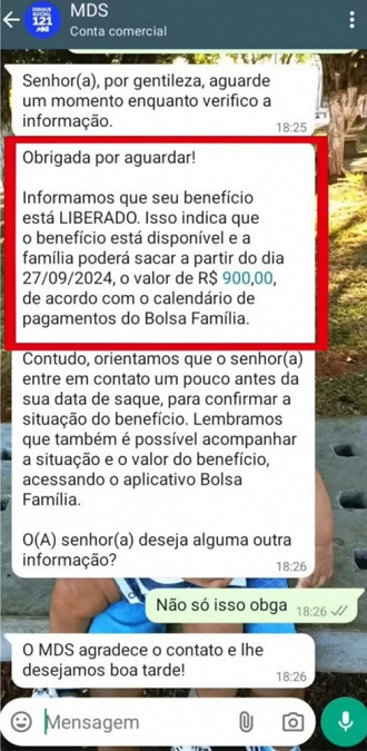 Whatsapp Bolsa Família mostra consulta de setembro.