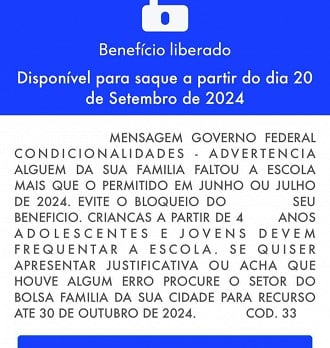 Bolsa Família bloqueado por 30 dias por falta escolar.