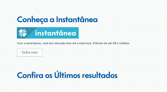 Divulgação da Instantânea no site das Loterias Caixa. Créditos: Reprodução/Caixa.